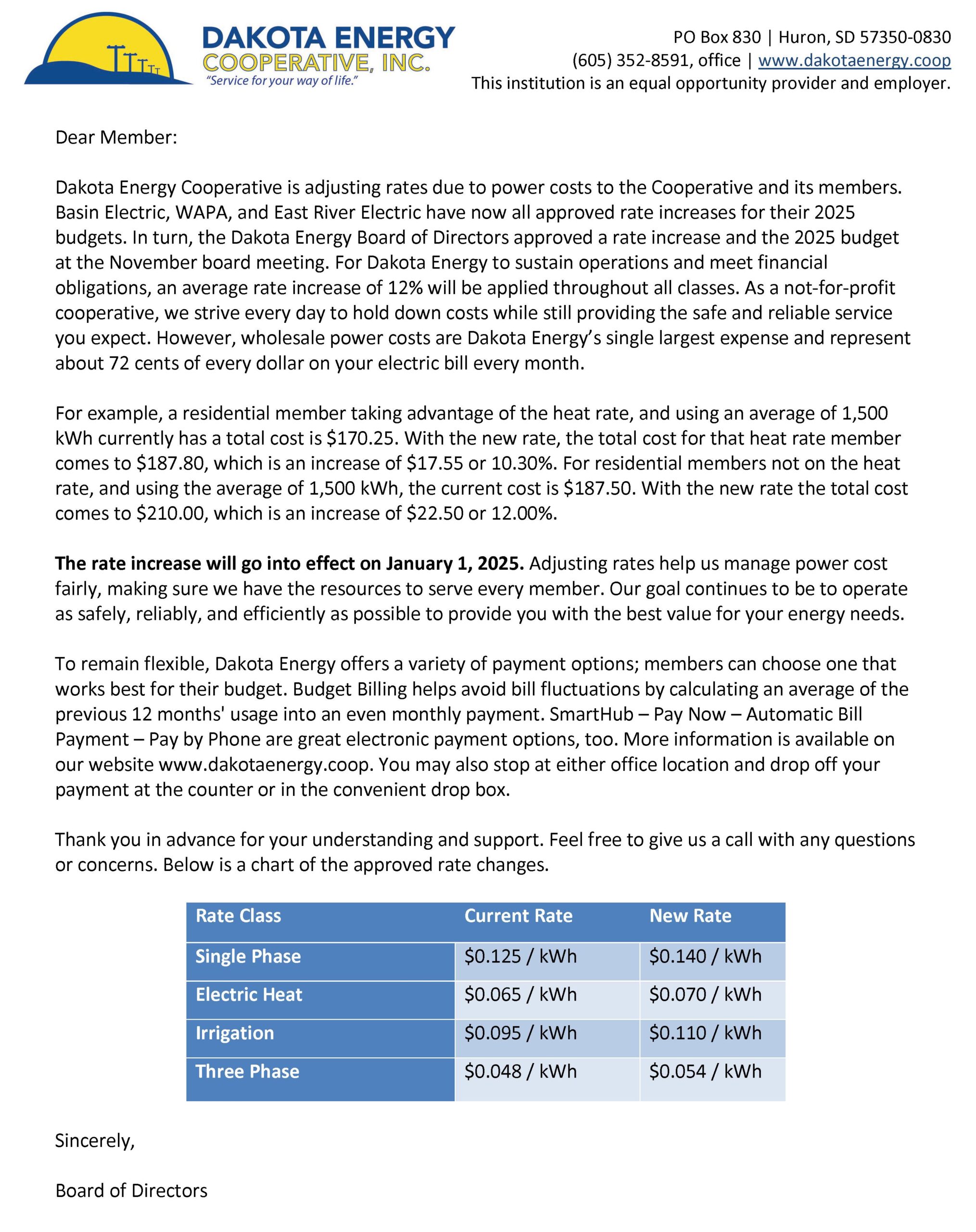 Here's a letter regarding the Board approved 2025 rate increase.